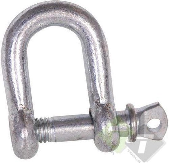 Verzinkte D-sluiting met pen en schroefdraad. Metalen oog bovenaan.