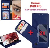 EmpX.nl Huawei P40 Pro Donker Blauw Boekhoesje en 2x Screen Protector | Portemonnee Book Case | Met Multi Stand Functie | Kaarthouder Card Case | Beschermhoes Sleeve | Met Pasjeshouder & Magn