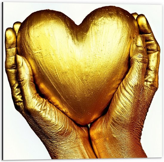 Dibond - Gouden Handen rondom Hart - 50x50cm Foto op Aluminium (Wanddecoratie van metaal)