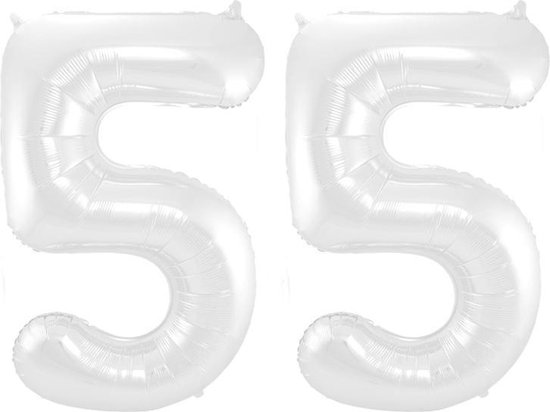 Folieballon Cijfer 55 Wit Metallic Mat - 86 cm