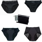 Cheeky Wipes menstruatie ondergoed - Set van 4 - 1 x Pretty 1x  Sassy 1 x Sporty 1 x Comfy + wetbag - maat 32 - 34