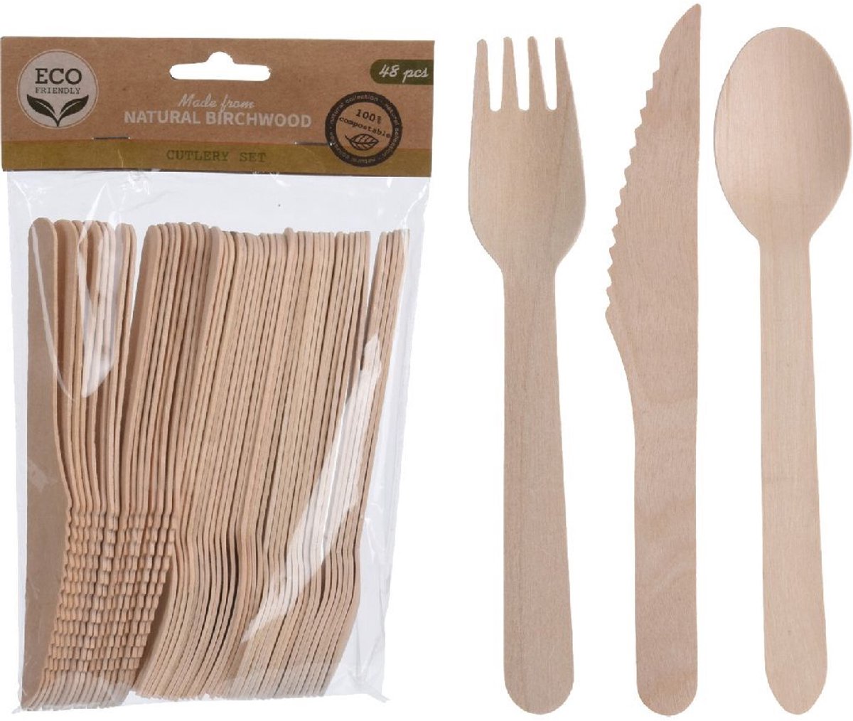 Eco-Friendly Berkenhouten Bestekset - 48 stuks, Bruin
