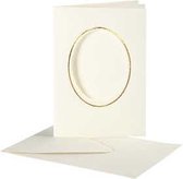 Passepartout kaarten , afmeting kaart 10,5x15 cm, afmeting envelop 11,5x16,5 cm, off-white, ovaal met gouden rand, 10sets, gatgrootte 6,5x8,8