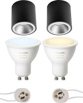 Pragmi Cliron Pro - Opbouw Rond - Mat Zwart/Zilver - Verdiept - Ø90mm - Philips Hue - Opbouwspot Set GU10 - White Ambiance - Bluetooth - BES LED