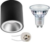 Opbouwspot Set - Pragmi Cliron Pro - GU10 Fitting - Opbouw Rond - Mat Zwart/Zilver - Verdiept - Ø90mm - Philips - MASTER 927 36D VLE - 4.9W - Warm Wit 2200K-2700K - DimTone Dimbaar