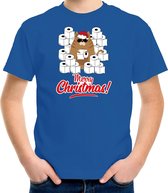 Fout Kerstshirt / Kerst t-shirt met hamsterende kat Merry Christmas blauw voor kinderen- Kerstkleding / Christmas outfit XL (164-176)
