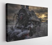 Cold winter evening. the old locomotive covered with snow stands at the station on the site of its eternal parking - Modern Art Canvas - Horizontal - 780161047 - 50*40 Horizontal