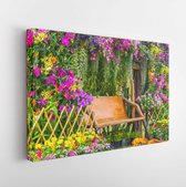 Wood chair in the flowers garden on summer./ Wood chair in the flowers garden - Modern Art Canvas  - Horizontal - 408343288 - 40*30 Horizontal