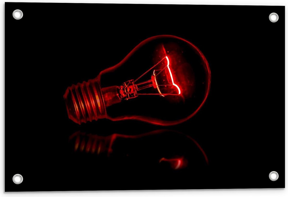 Tuinposter – Rode Gloeilamp op Zwarte Achtergrond - 60x40cm Foto op Tuinposter (wanddecora