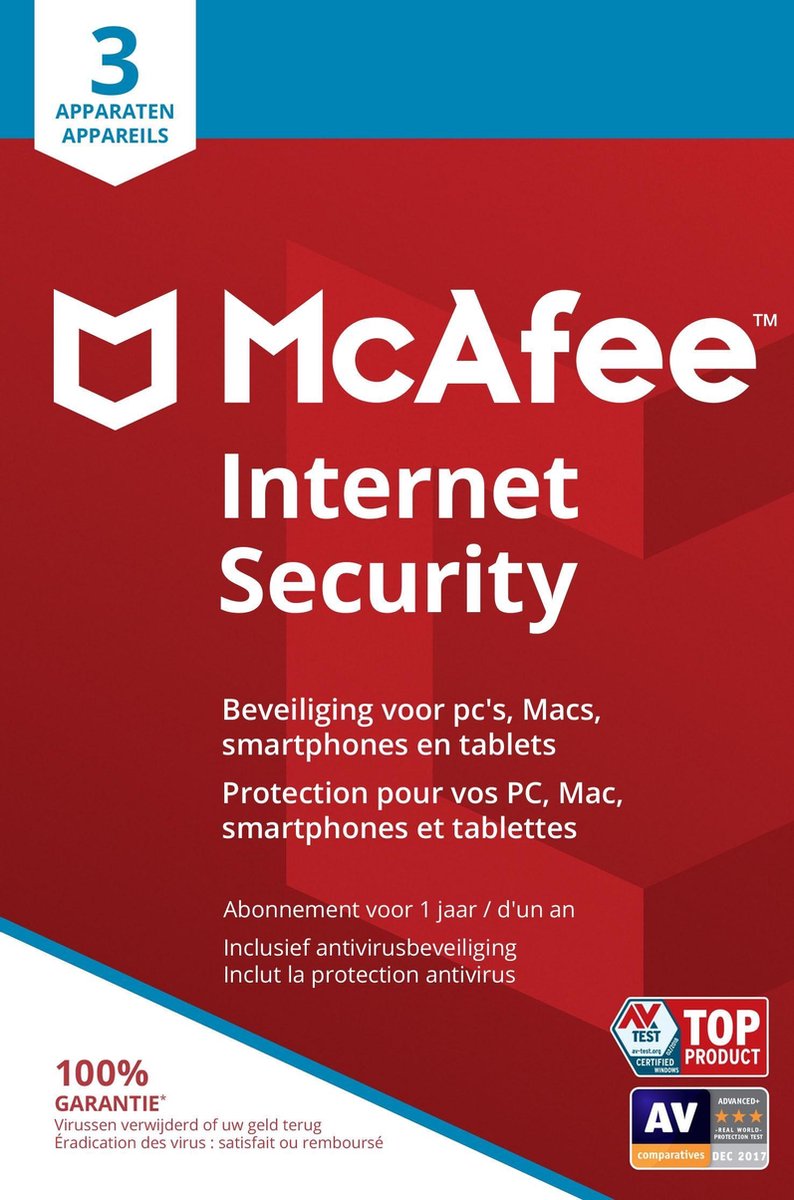 McAfee Internet Security - Multi-Device - 3 Apparaten - 1 Jaar - Nederlands / Frans - Windows / Mac