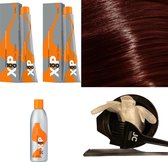 XP100 haarverfpakket kleur 6.5  Donkerblond & Mahonie (2x 100ML) met 3% waterstof ( 1x 250ML) incl verfbakje, kwast, maatbeker, puntkam en handschoenen