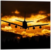 Dibond - Silhouet van Vliegtuig door de Zon - 50x50cm Foto op Aluminium (Met Ophangsysteem)