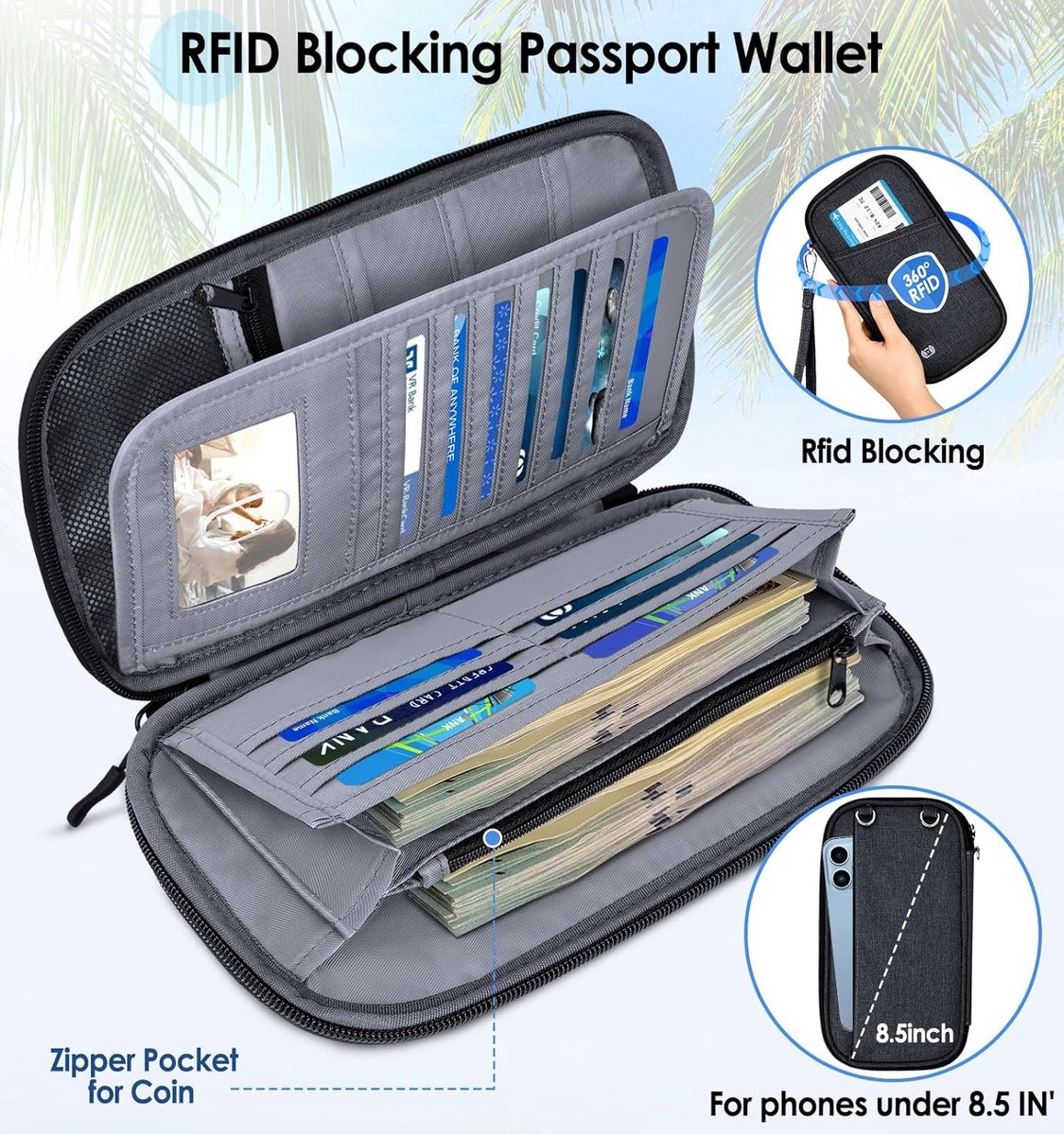 Porte-passeport RFID Bloqueur – Cuir PU, Protection Données – Pochette Voyage Avec Compartiments Cartes, Argent – Rose