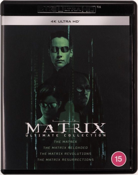 Voorkant van de 4K Ultra HD Blu-ray boxset van The Matrix Ultimate Collection met Keanu Reeves, Carrie-Anne Moss en Laurence Fishburne.