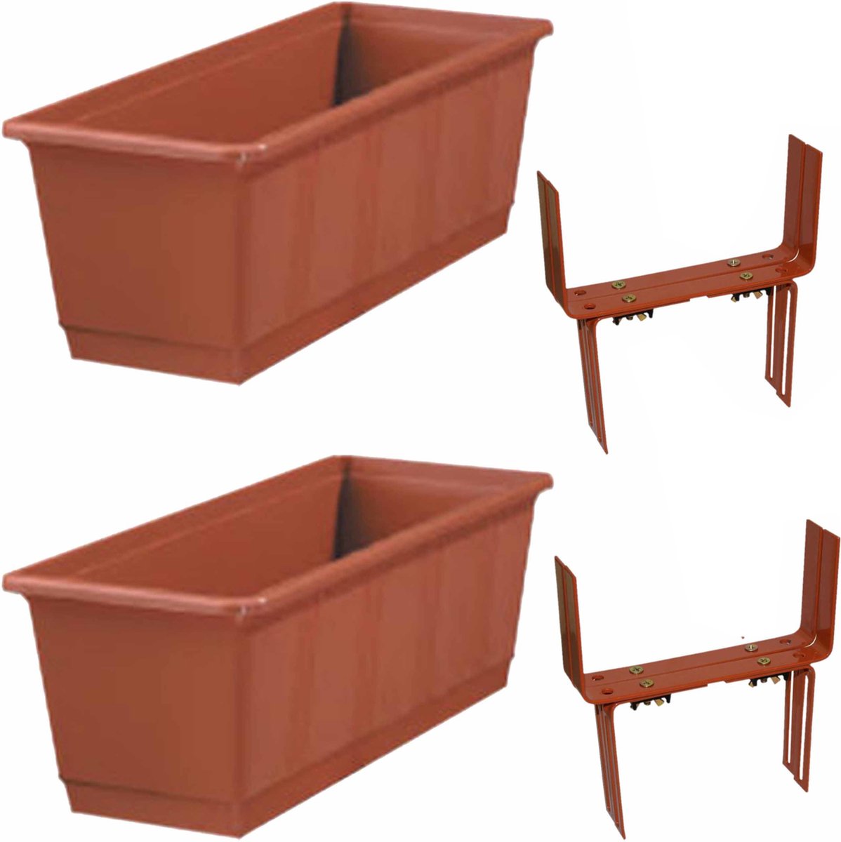 Set van 2 kunststof plantenbakken terracotta rechthoekig 40 cm met 4 verstelbare balkon/muurbeugels