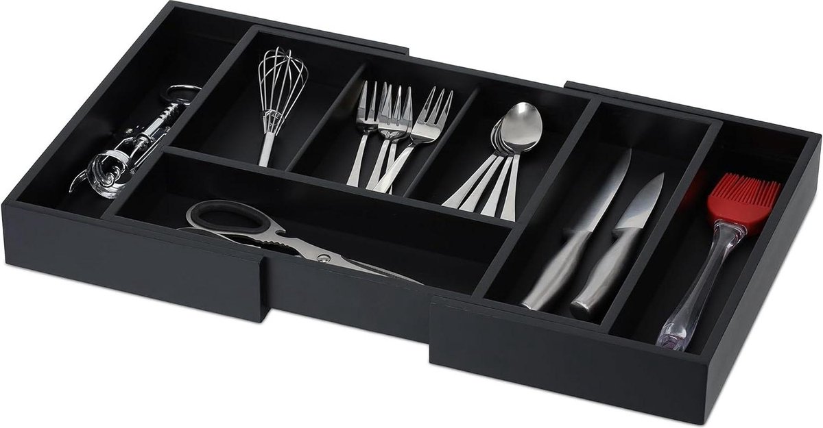 Bestekbak met 5-7 vakken - HBD: 5 x 37 x 28 cm - Knutselspullen en schrijfwaren lade organizer zwart