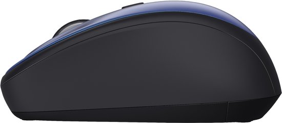Zijkant van een blauwe en zwarte draadloze Trust muis.