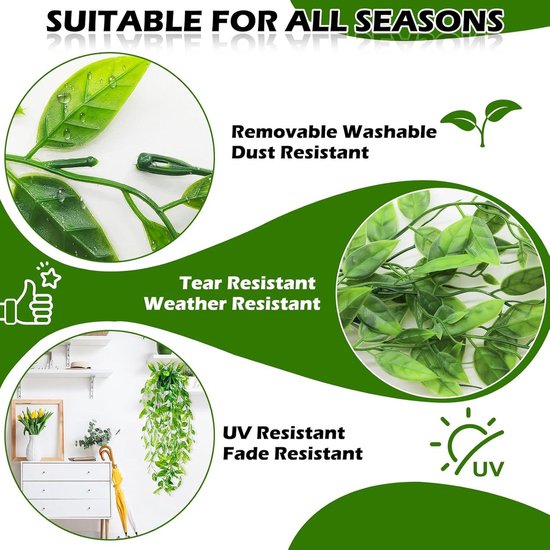 JustYit 4 stuks groene kunstmatige hangende planten plastic planten nep klimop wijnstok nep-planten, kunstmatige trailing planten voor muur indoor buiten tuin bruiloft wanddecoratie