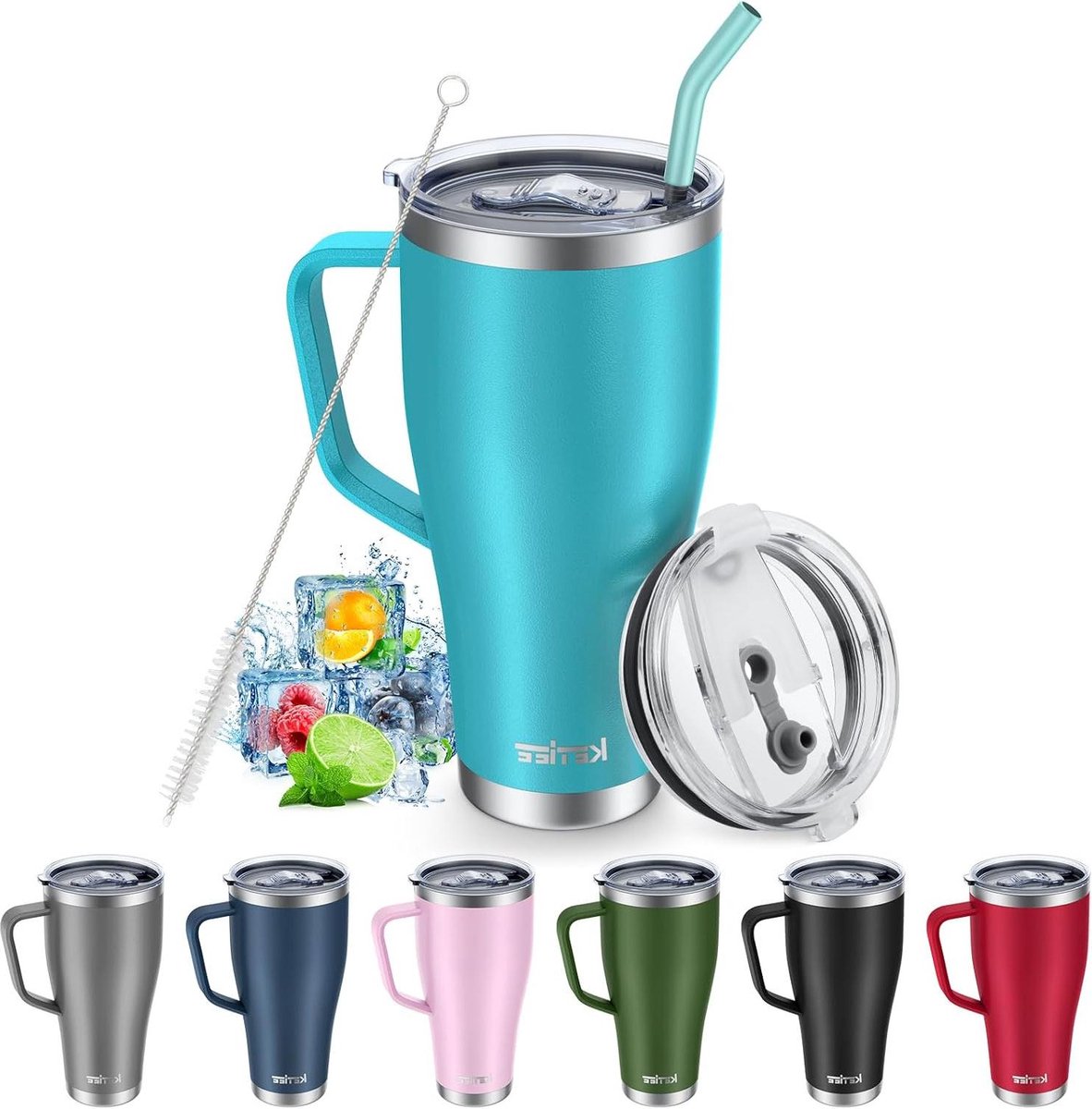 RVS geïsoleerde drinkbeker met rietje en 2 deksels 800 ml roestvrijstalen reismok met handvat voor warme en koude dranken