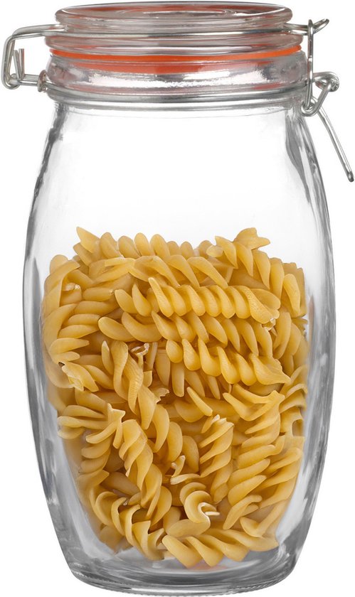 Bocal en verre avec joint en caoutchouc orange et fermeture à bascule, rempli de pâtes fusilli.