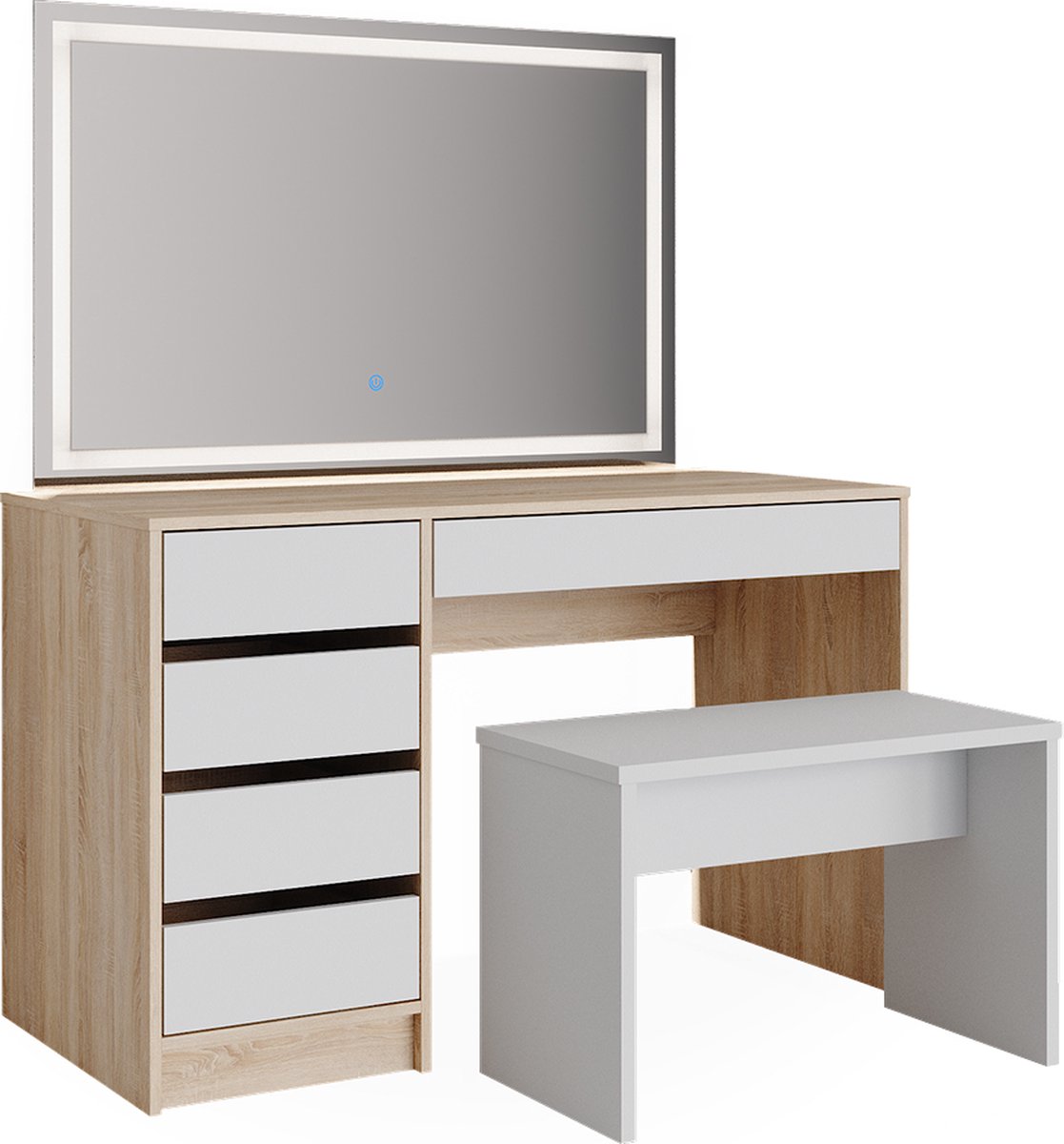 Vicco Kaptafel set met kruk Sherry, Wit/Sonoma, 120 cm met LED-spiegel en bankje