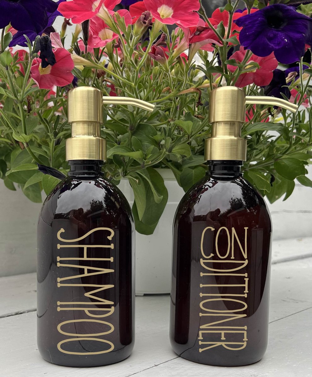 BBBLS Design Dispenser Giftset "Shampoo Conditioner" | Bruin Kunststof | 500ml | RVS / Metaal Pomp Goud | Zeeppomp | Zeepdispenser | Zeephouder