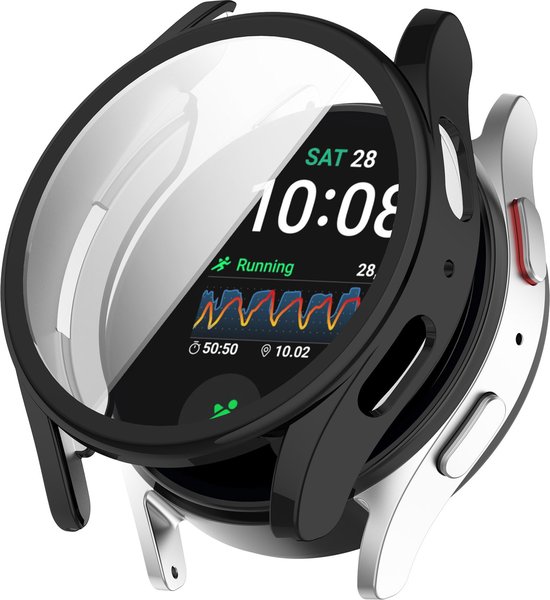 Zwart TPU hoesje met geïntegreerde screenprotector, om een smartwatch gewikkeld. De smartwatch heeft een hardloop-app.