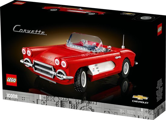 Doos met LEGO Icons 10321 Chevrolet Corvette, rode cabriolet met witte details en transparante voorruit.