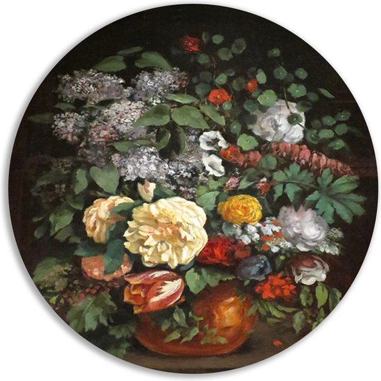 Vase aux lilas, roses et tulipes - Tableau Gustave Courbet - Décoration murale nature morte ronde - Cercles muraux Nature - Décoration murale murale industrielle - Peinture aluminium - Décoration murale cercle mural aluminium 40x40 cm