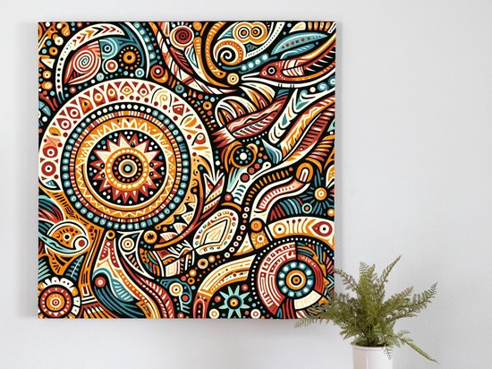 Modern aboriginal schilderij | Hedendaags eerbetoon aan Aboriginal kunst en cultuur, vernieuwend en prachtig | Kunst - 60x60 centimeter op Canvas | Foto op Canvas