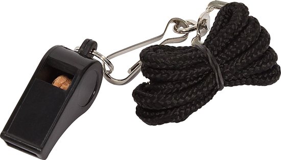 Sifflet en plastique noir avec un morceau de liège et un cordon noir.