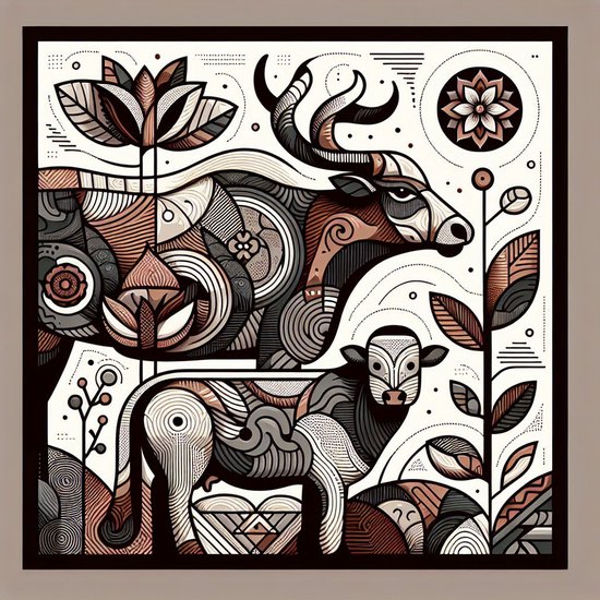 Modern vee schilderij | Hedendaags kuddedieren kunstwerk: een moderne kijk op vee | Kunst - 100x100 centimeter op Canvas | Foto op Canvas