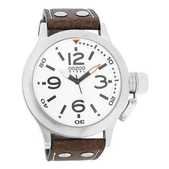 OOZOO Timepieces - Zilverkleurige horloge met bruine leren band - OS038