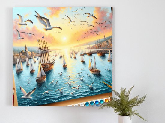Acryl haven schilderij | Maritieme meesterwerk in acryl: Een zee van kleurrijke schoonheid | Kunst - 100x100 centimeter op Canvas | Foto op Canvas