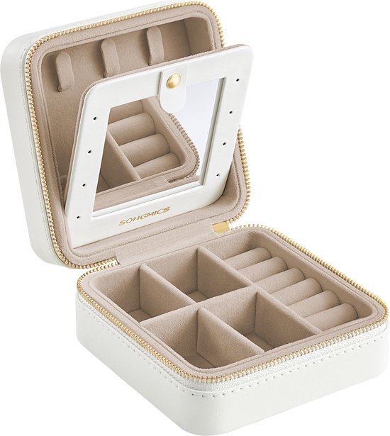 Rootz Travel Jewelry Box - Organizer Case - Storage Container - MDF PU Velvet - Lightweight Compact Design - Cloud White - 11.4cm x 11.4cm x 5.5cm