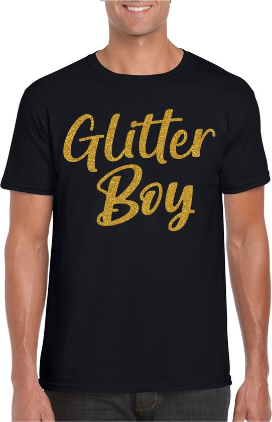 Bellatio Decorations Verkleed T-shirt voor heren - glitter boy - zwart - goud glitter - carnaval XXL