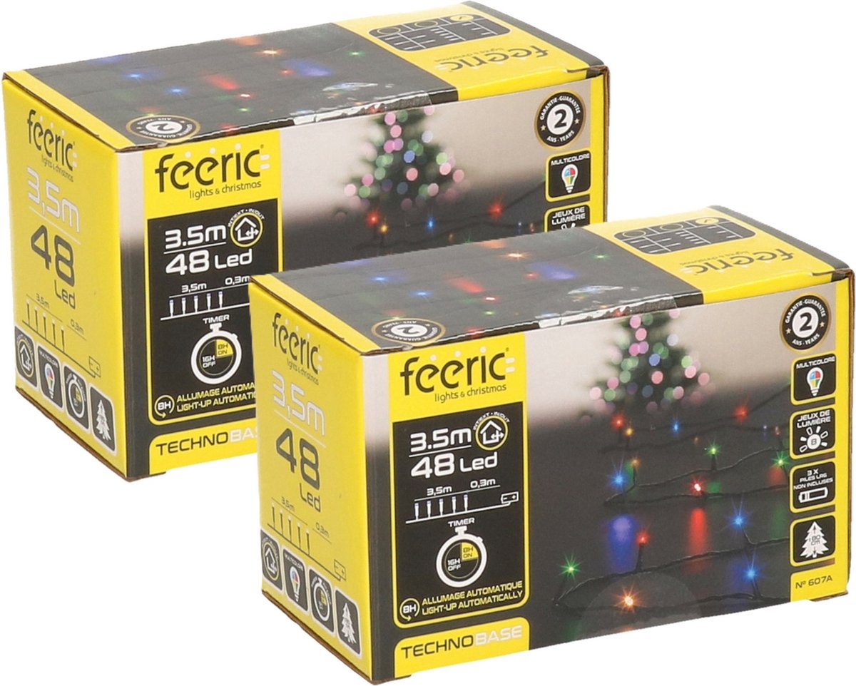 Feeric lights & Christmas Feeric lights Kerstverlichting - 2x - gekleurd - 3,5 m- 48 led lampjes - zwart snoer - batterij