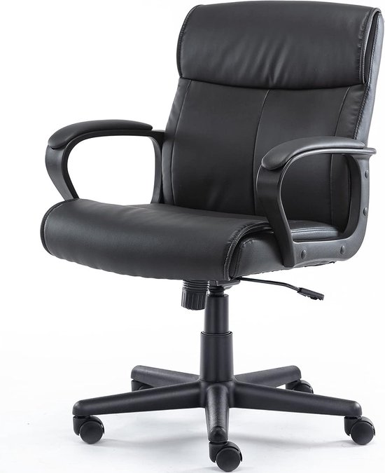 Directiebureaustoel - met gevoerde armleuningen - middelhoge rugleuning - lendensteun - verstelbare hoogte - kantelhoek, PU-leer, 360° draaibaar - modern zwart