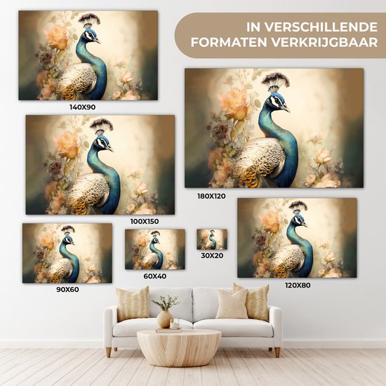 Tableau sur toile Paon - Plumes de paon - Fleurs - Vogels - Botanique - 180x120 cm - Décoration murale XXL