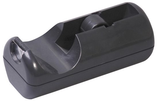 Zwarte, ergonomisch gevormde plakbanddispenser, leeg, met een inkeping voor het vastpakken van plakband.