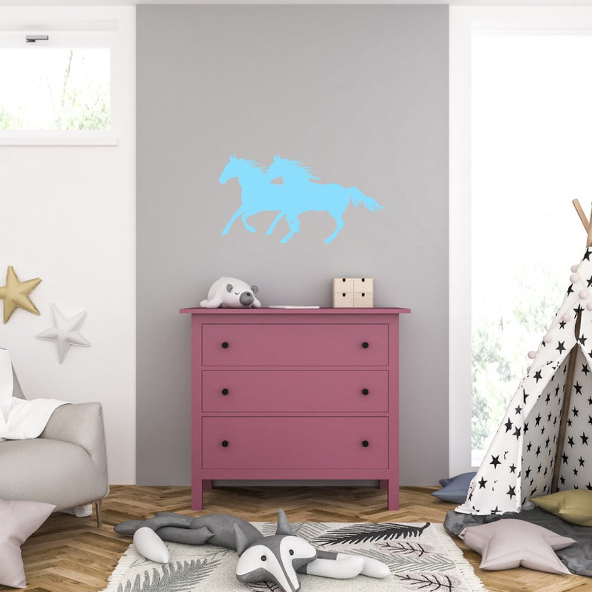 MC Living Muursticker - Paarden - 40,6 x 77 - Licht Blauw