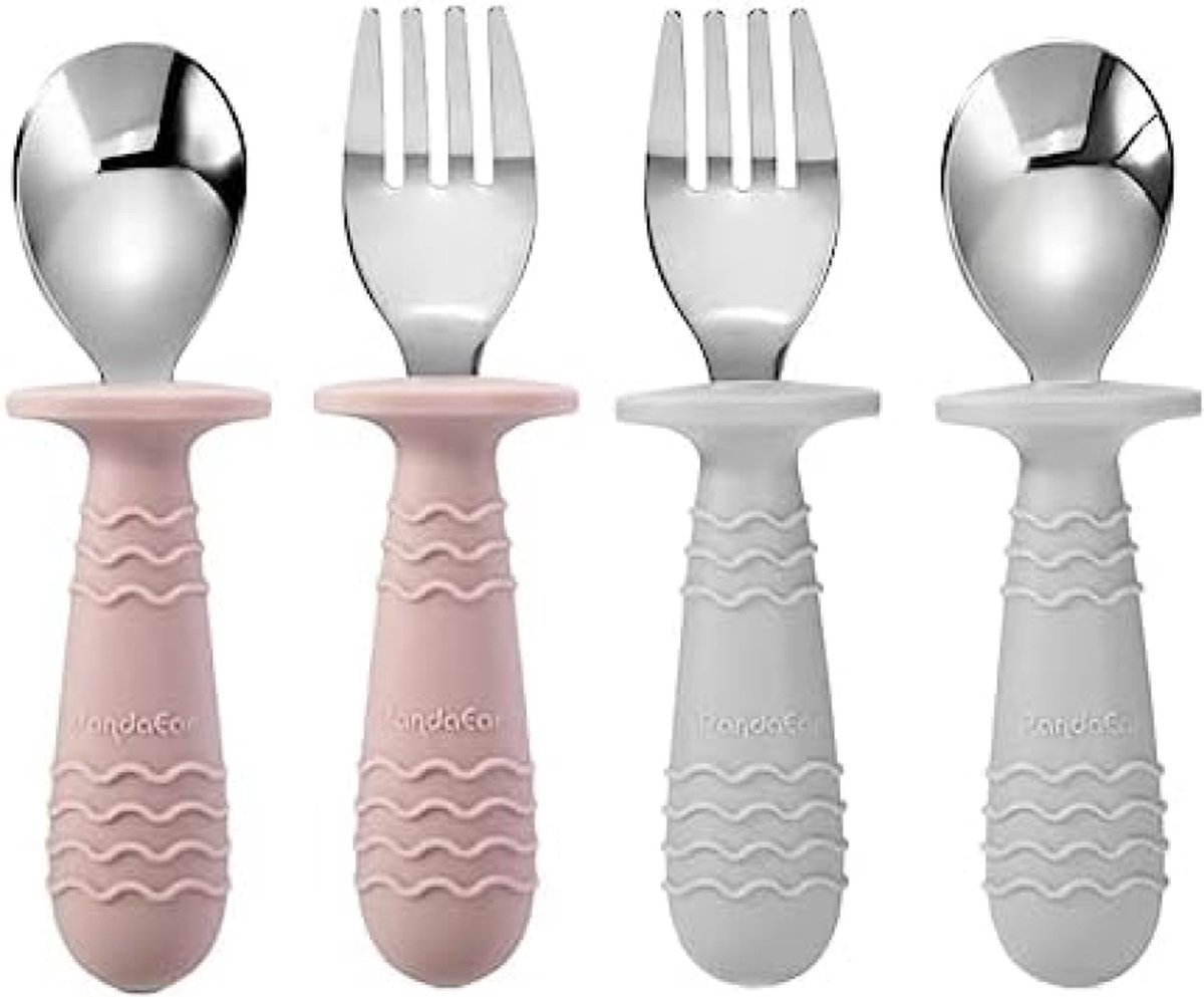 Image of 4-delige Baby Peuter Siliconen Roestvrij Staal Gebruiksvoorwerpen Set Lepel Vork (Roze)
