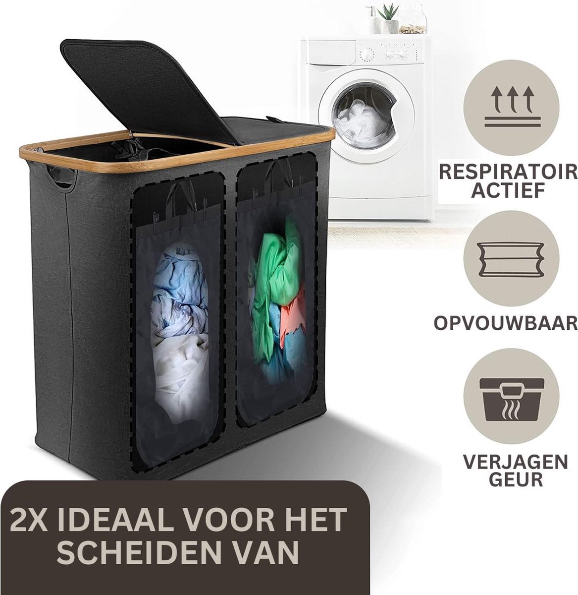 WENKO Droogmand Trio Ecori, 3 vakken (elk 35 liter), frame van FSC®-gecertificeerd bamboe, waszak met deksel van gerecycled polyester, 57 x 50 x 37 cm, natuur/zwart