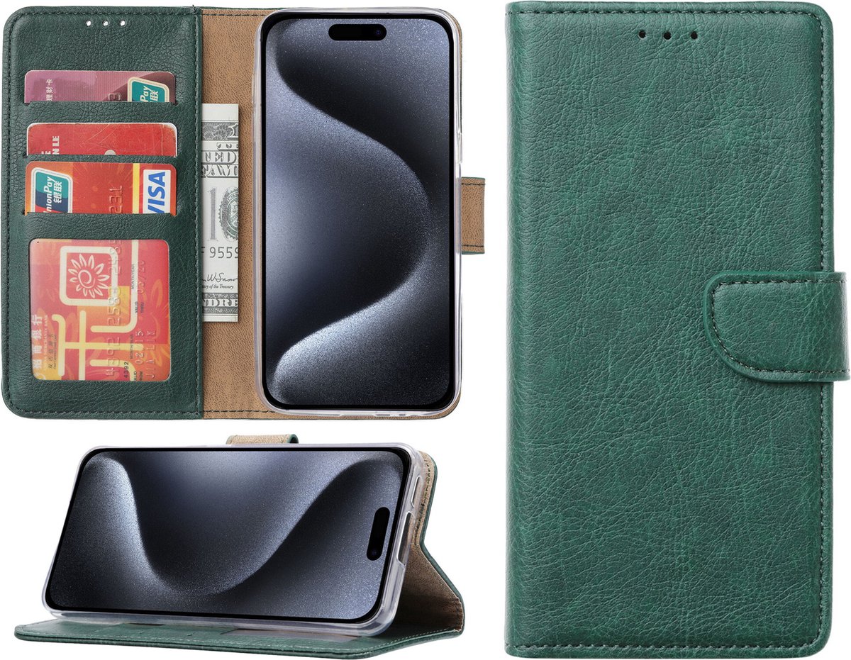 Hoesje geschikt voor iPhone 15 Pro Max - Bookcase - Pasjeshouder - Kunstleer - Groen