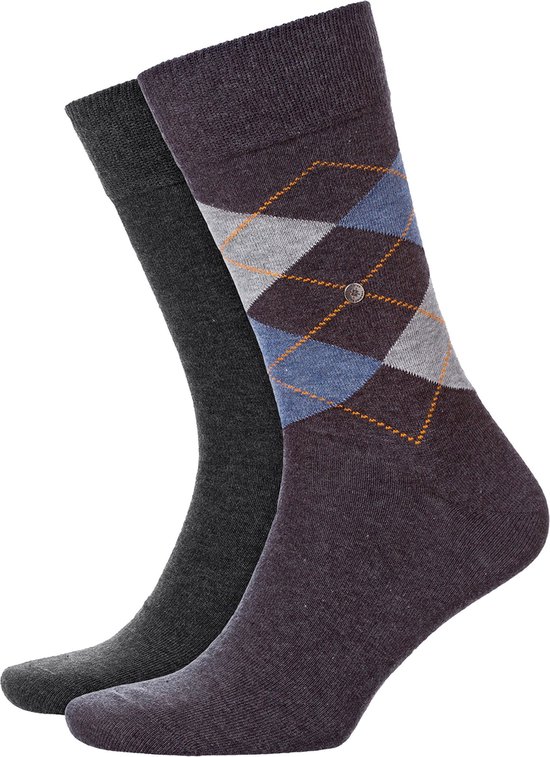 Donkergrijze sokken met ruitpatroon in blauw, grijs en oranje.