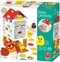 Doos van het 'Happy Chickens' spel. Met illustratie van kippenhok, moederkip, kuikens, stokjes en voer-schijfjes.