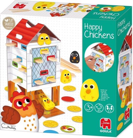 Doos van het 'Happy Chickens' spel. Met illustratie van kippenhok, moederkip, kuikens, stokjes en voer-schijfjes.