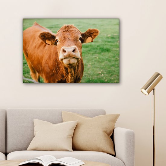 Tableau sur toile Vache - Marron - Herbe - 90x60 cm - Décoration murale