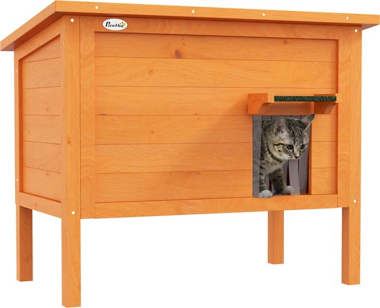 PawHut Katzenhaus aus Holz, Katzenhöhle Outdoor, Isolierte Katzenhütte mit Türvorhang, Kleintierhaus im Erhöhte Design, für Garten, Balkon, Orange, 85 x 50 x 68,5 cm