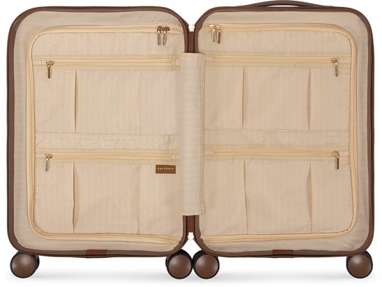 Open bruine SUITSUIT handbagage koffer met beige voering en vakken.